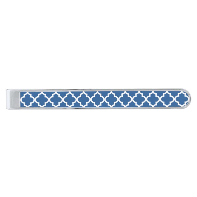 Cobalt Blue Moroccan Tile Trellis Silver Finish Tie Clip (Front)