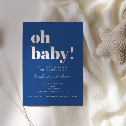 Cobalt Blue Oh Baby Modern Minimalist Baby Shower Invitation