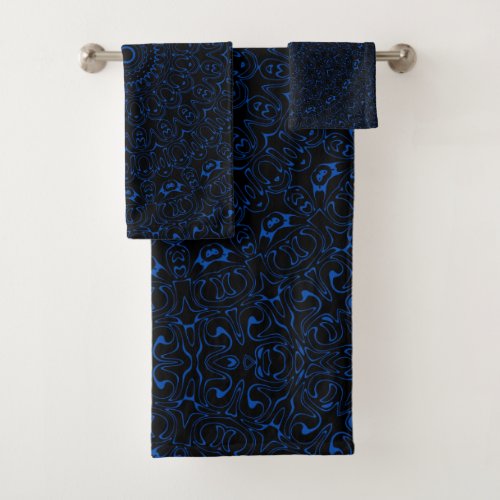 Cobalt Blue on Black Mandala Kaleidoscope  Bath Towel Set