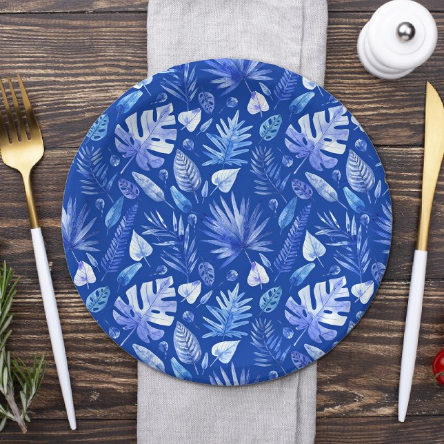 Cobalt Blue on Blue Tropical Leaves Pattern 7" Paper Plates (Creator Uploaded)