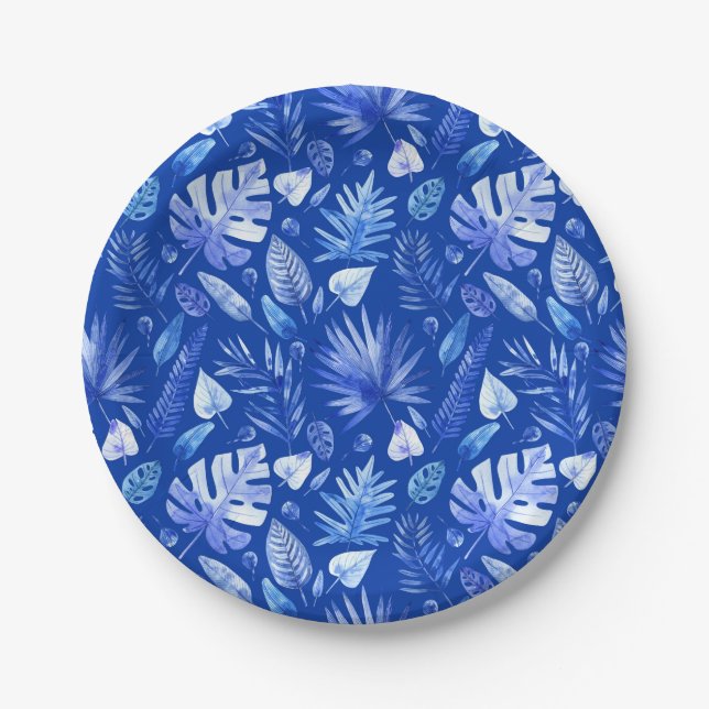 Cobalt Blue on Blue Tropical Leaves Pattern 7" Paper Plates (Front)