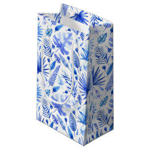 Cobalt Blue on White Tropical Leaves Pattern Small Gift Bag
