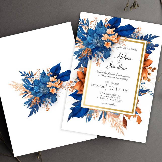 Cobalt Blue Orange Terracotta Boho Elegant Wedding Invitation (Cobalt Blue Orange Terracotta Boho Elegant Wedding Invitation)