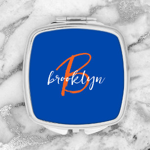 Cobalt Blue Orange White Script Monogram Name Compact Mirror