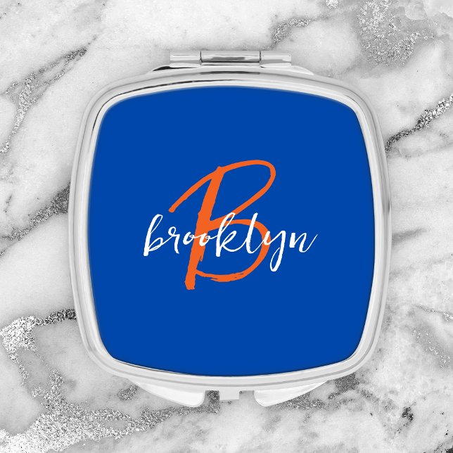 Cobalt Blue Orange White Script Monogram Name Compact Mirror (Creator Uploaded)