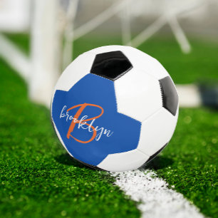 Cobalt Blue Orange White Script Monogram Name Soccer Ball