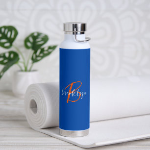Cobalt Blue Orange White Script Monogram Name Water Bottle