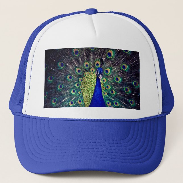 Cobalt Blue Peacock Trucker Hat (Front)