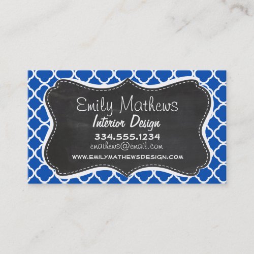 Cobalt Blue Quatrefoil; Retro Chalkboard Business Card