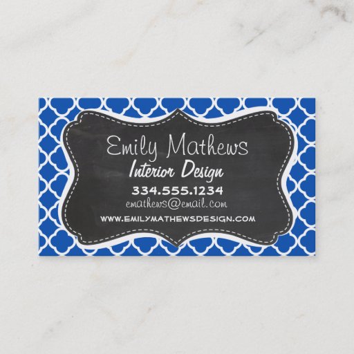 Customizable Cobalt Blue Quatrefoil; Retro Chalkboard Business Card