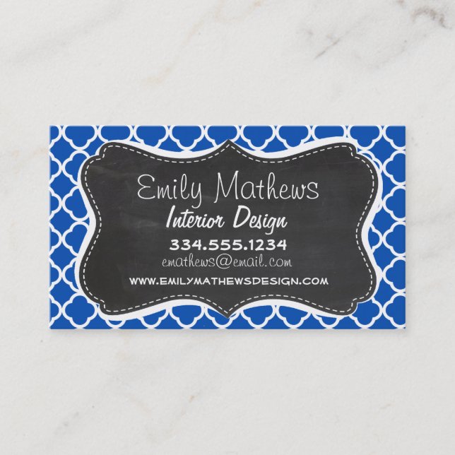Cobalt Blue Quatrefoil; Retro Chalkboard Business Card (Front)