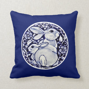 Cobalt Blue Rabbit Baby Bunny Floral Medallion Throw Pillow
