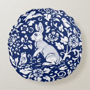 Cobalt Blue Rabbit Bird Floral Chinoiserie Dedham Round Pillow