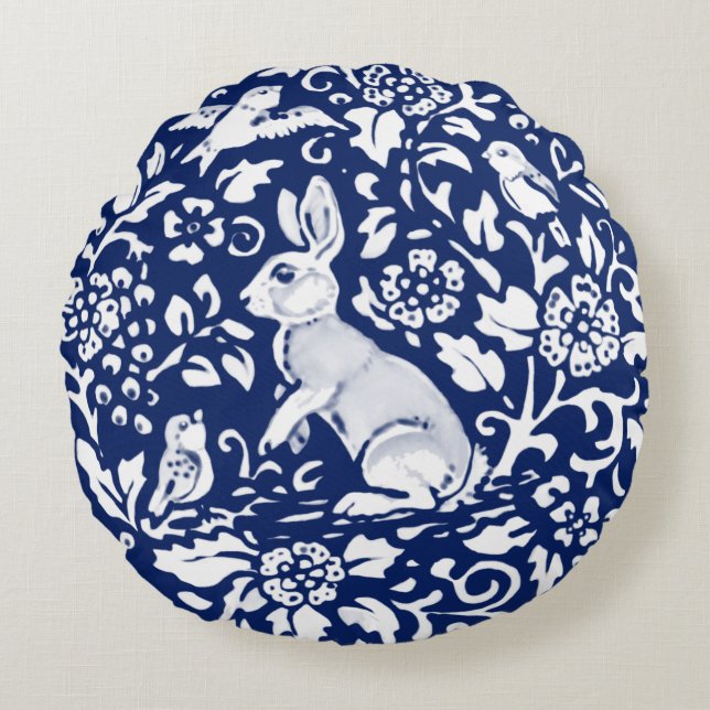 Cobalt Blue Rabbit Bird Floral Chinoiserie Dedham Round Pillow (Front)