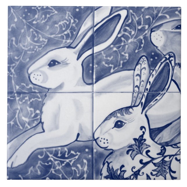 Cobalt Blue Rabbit Chinoiserie Dedham Delft Navy Ceramic Tile (Front)
