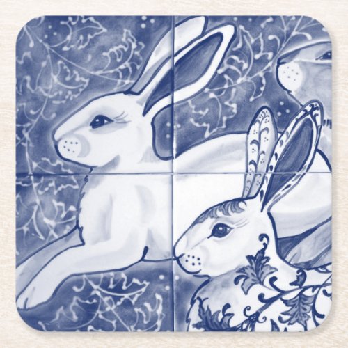 Cobalt Blue Rabbit Chinoiserie Dedham Delft Navy Square Paper Coaster