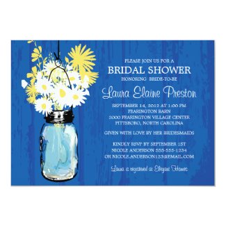Cobalt Blue Rustic Mason Jar and Yellow Daisies Invitation