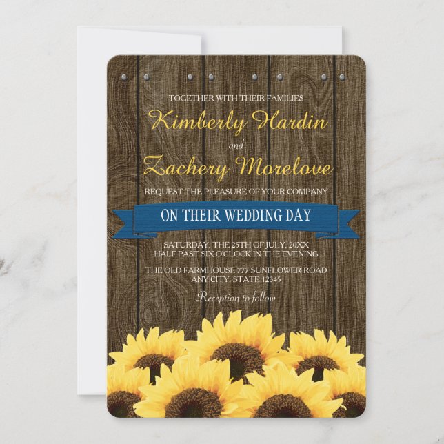 COBALT BLUE RUSTIC SUNFLOWER WEDDING INVITATION (Front)