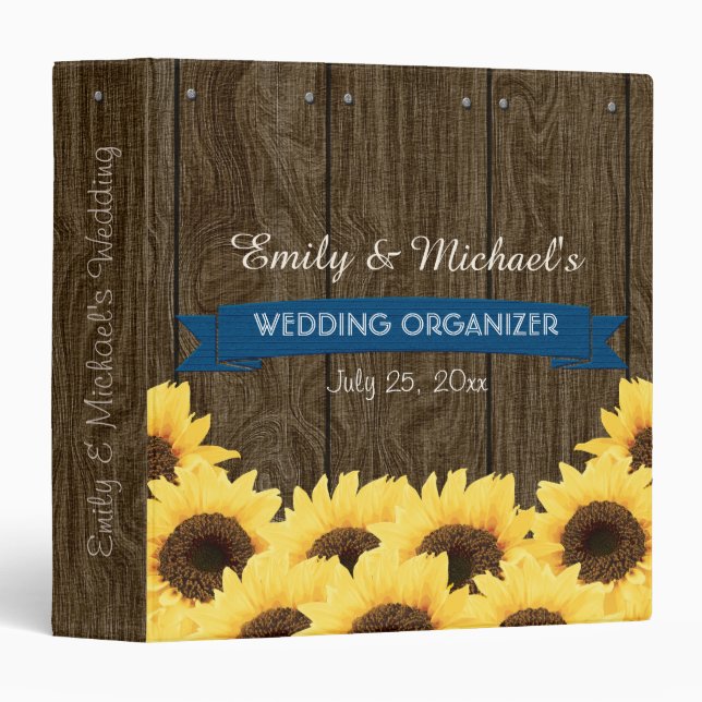 COBALT BLUE RUSTIC SUNFLOWER WEDDING ORGANIZER 3 RING BINDER (Front/Spine)