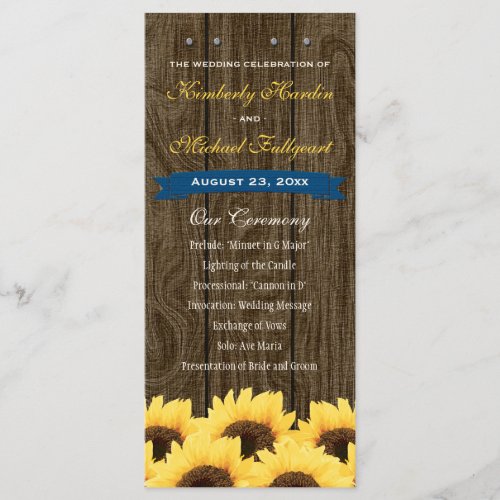 Cobalt Blue Rustic Sunflower Wedding Program
