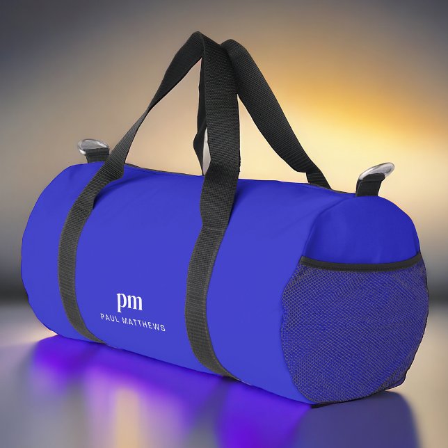 Cobalt Blue Simple Minimal Monogram and Name Duffle Bag (Personalize with your initials and name.)