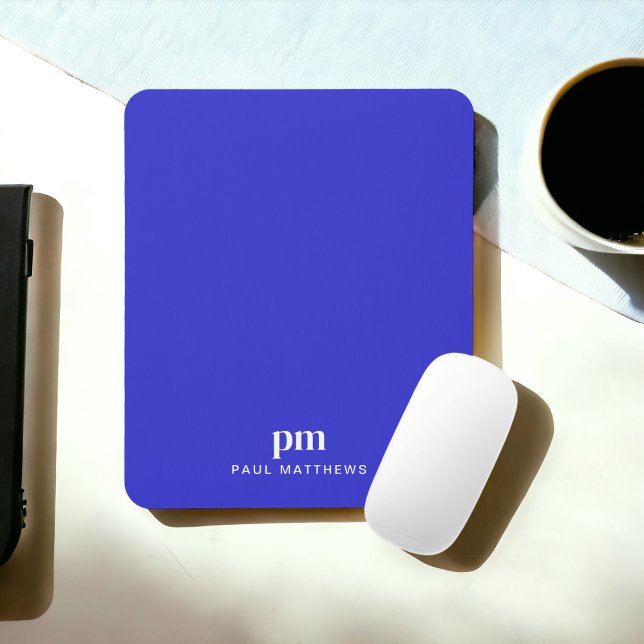Cobalt Blue Simple Minimalist with Monogram Name Mouse Pad (Personalize with your initials and name.)
