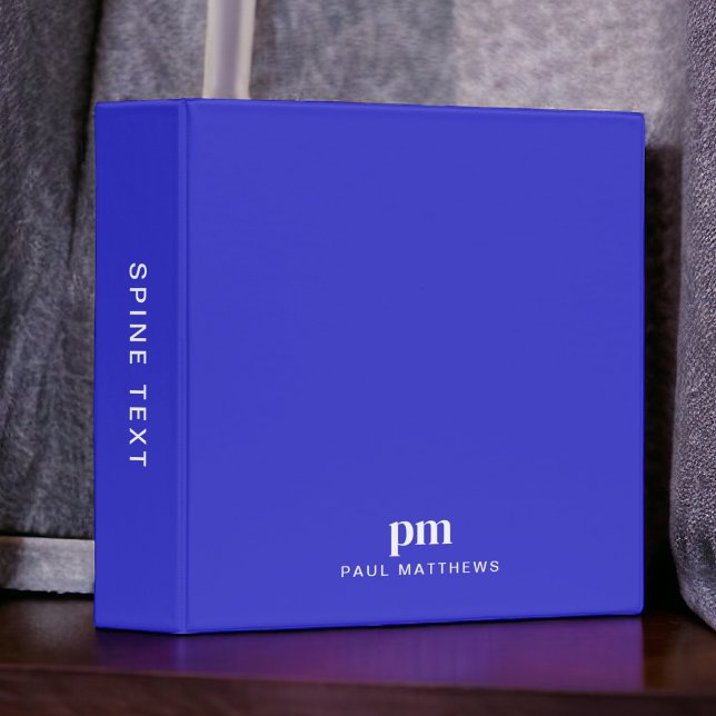 Cobalt Blue Simple Monogram Initials and Name 3 Ring Binder (Personalize with your initials and name.)