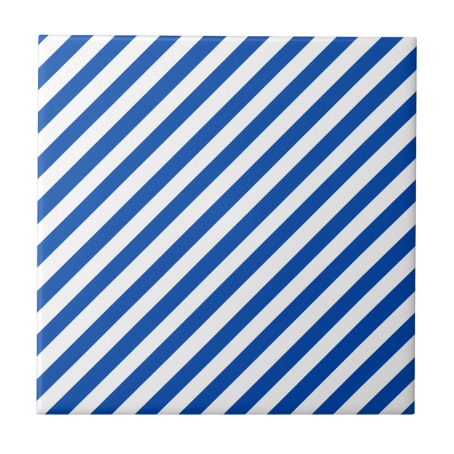 Cobalt Blue Solid Color & White Stripes Ceramic Tile (Front)