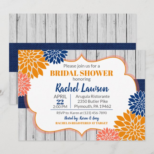 Cobalt Blue Tangerine Blooms Floral Bridal Shower Invitation (Front/Back)