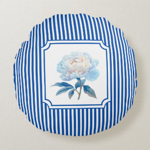 Cobalt Blue Ticking Stripe Floral Round Pillow
