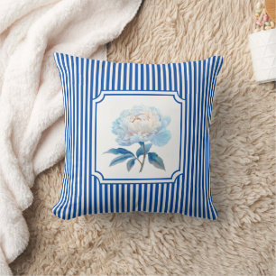 Cobalt Blue Ticking Stripe Floral Throw Pillow