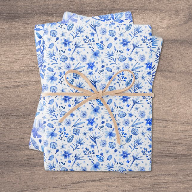 Cobalt Blue Tropical Flowers and Leaves 3 Patterns Wrapping Paper Sheets (Creator Uploaded)
