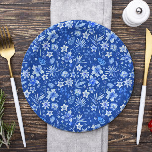Cobalt Blue Tropical Flowers and Leaves Pattern 7" Paper Plates