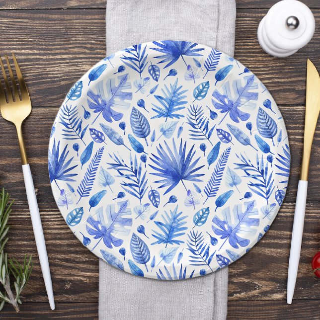 Cobalt Blue Tropical Leaves Pattern 7" Paper Plates (Creator Uploaded)