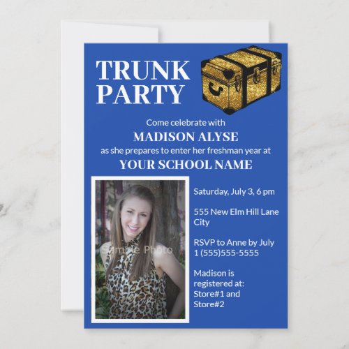 Cobalt Blue Trunk College Dorm Party Photo Invitation