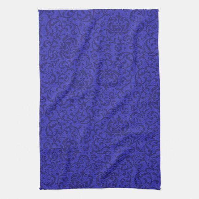Cobalt Blue Tudor Garden Floral Damask Kitchen Towel (Vertical)