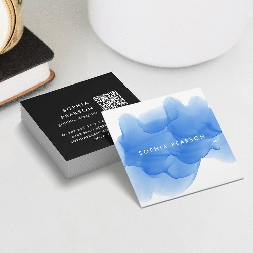 Cobalt Blue Watercolor Blot QR Code Square Business Card