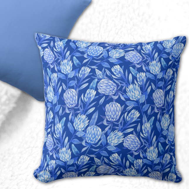 Cobalt Blue Watercolor Protea Flower 16x16 Throw Pillow (Creator Uploaded)