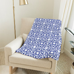 Cobalt Blue Watercolor Spanish Tile Pattern Fleece Blanket