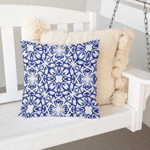 Cobalt Blue Watercolor Spanish Tile Pattern Throw Pillow