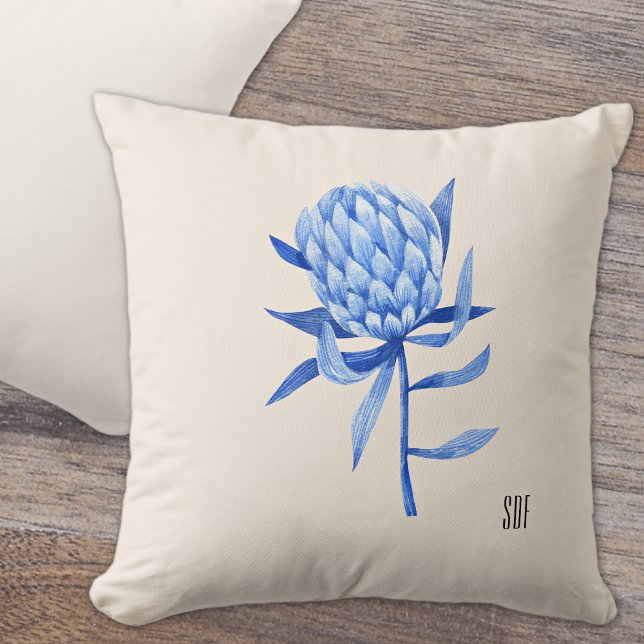 Cobalt Blue Watercolor Tropic Protea Flower 16x16 Throw Pillow (Creator Uploaded)