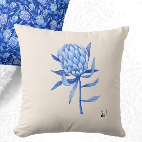 Cobalt Blue Watercolor Tropic Protea Flower 16x16 Throw Pillow