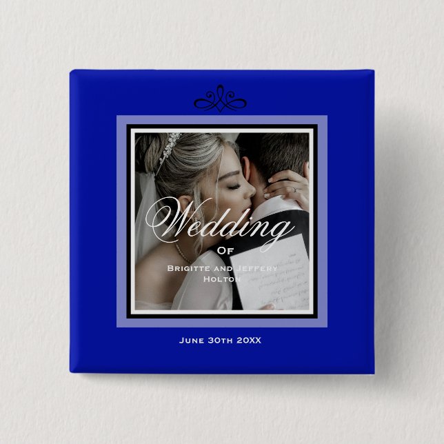 Cobalt blue wedding couple customizable button (Front)