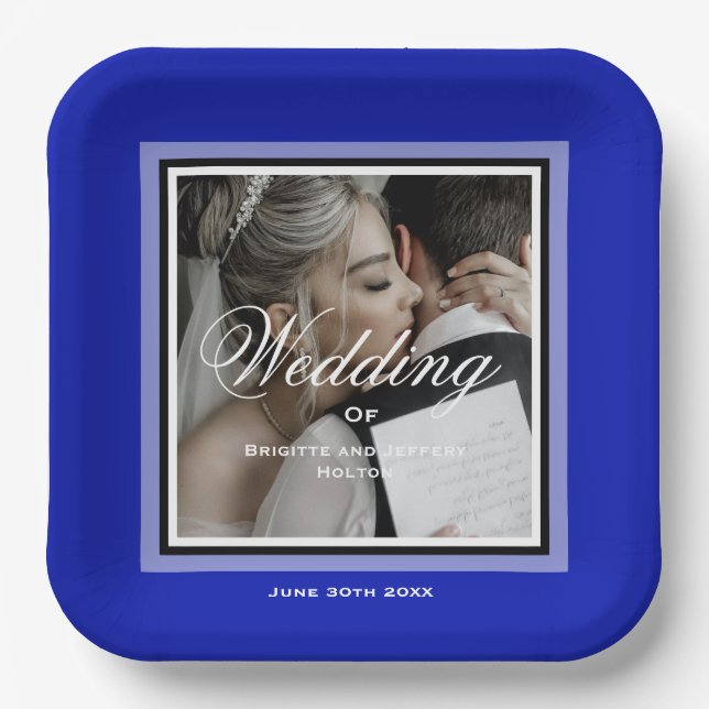 Cobalt blue wedding couple customizable paper plates (Front)