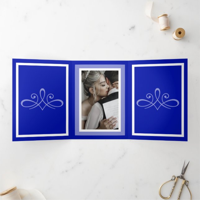 Cobalt blue wedding Customizable photo Tri-Fold Program (Inside)