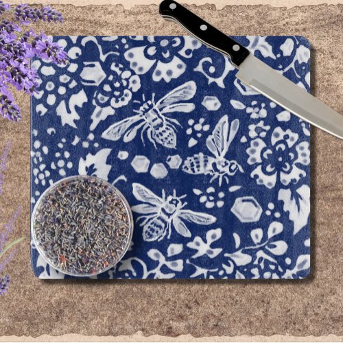Cobalt Blue White Bee Honeycomb Rustic Chinoiserie Cutting Board