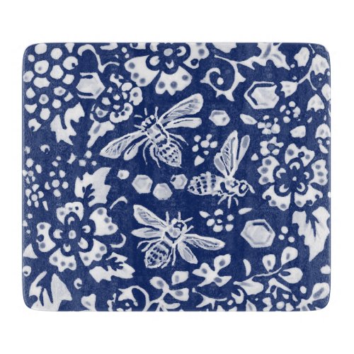 Cobalt Blue White Bee Woodland Tapestry Style Cutting Board