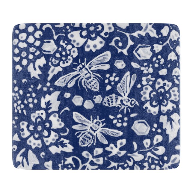 Cobalt Blue White Bee Woodland Tapestry Style Cutting Board (Front)