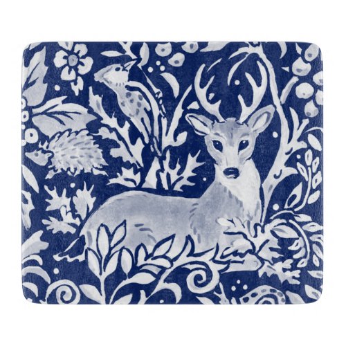 Cobalt Blue White Deer Woodland Tapestry Style Cutting Board