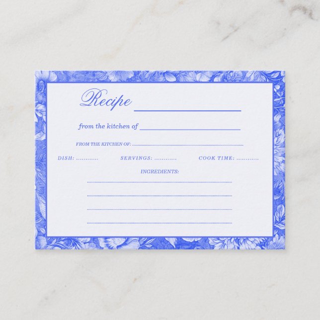 Cobalt Blue White Floral Bridal Shower Recipe Enclosure Card (Front)
